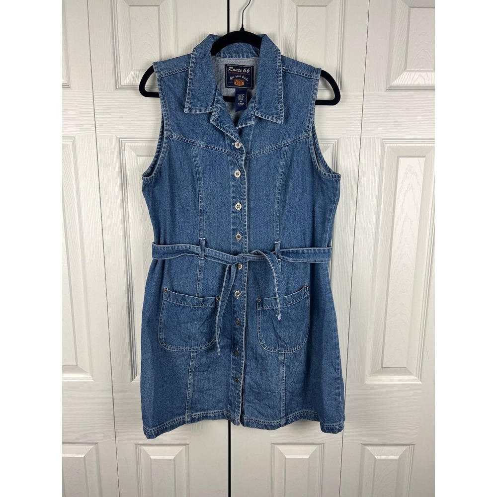 Route 66 Denim Tie-Waist Sleeveless Mini Dress in Blue